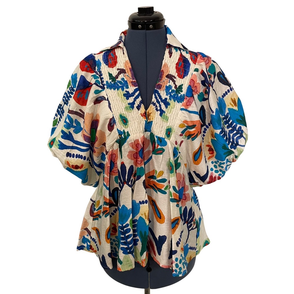 Entro Womens Floral Smocked Puff Sleeve V Neck Blouse Tropical Boho Indie S NEW